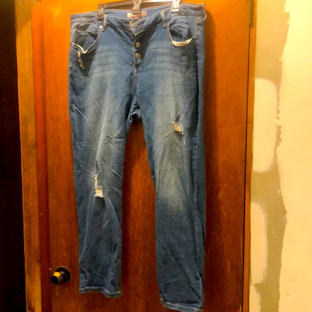 Plus size button fly distressed jeans